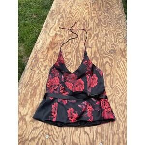 Xscape By Joanna‎ Chen Shirt Womens 6 Fitted Halter Top Red Black Floral Corset
